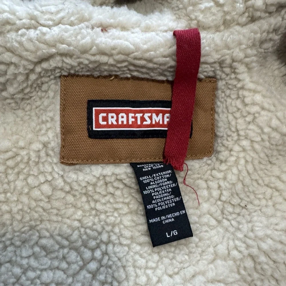 Craftsman Detroit Work Jacket Mens Sz Large Tan Canvas Duck Hooded Sherpa Lined